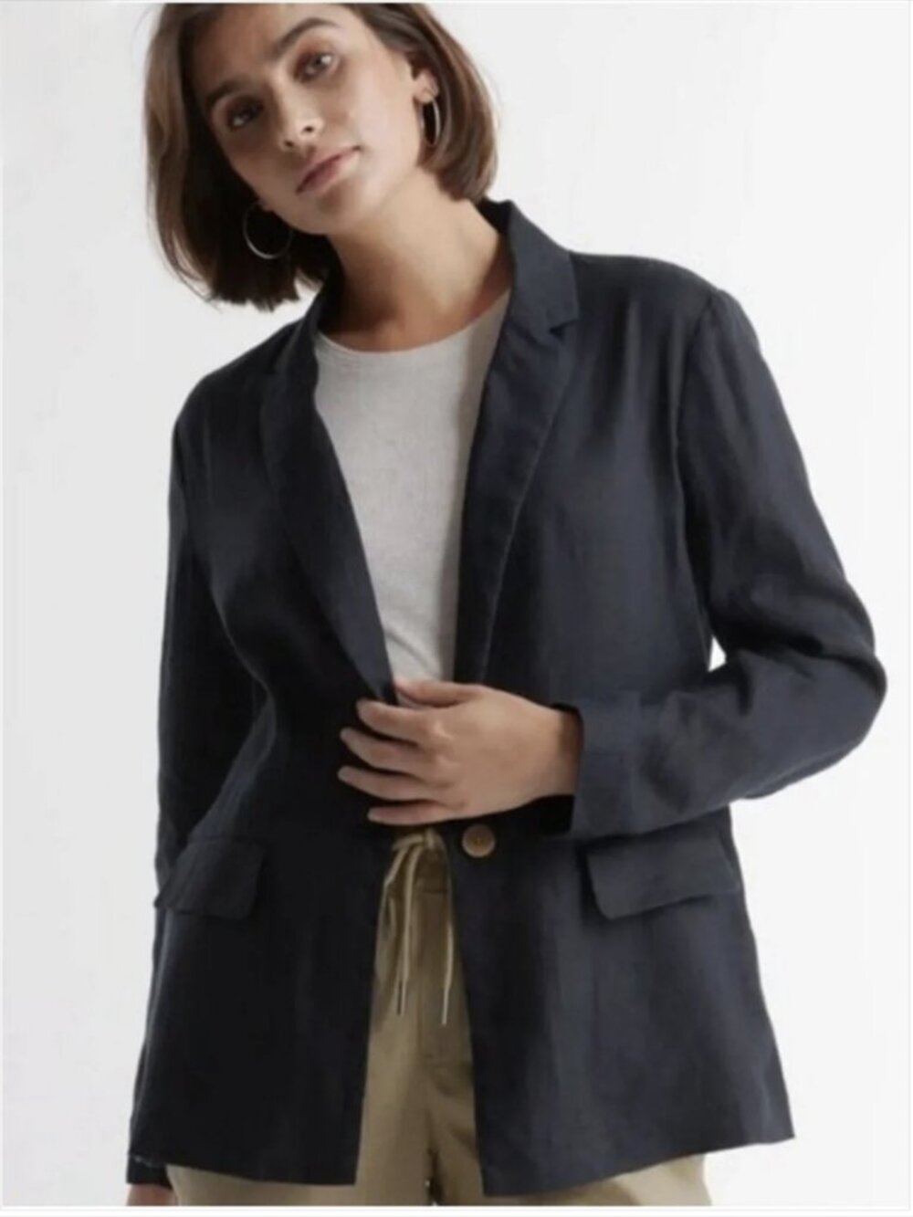 Quince Womens 100% European Linen Blazer M Black Single Button Pockets